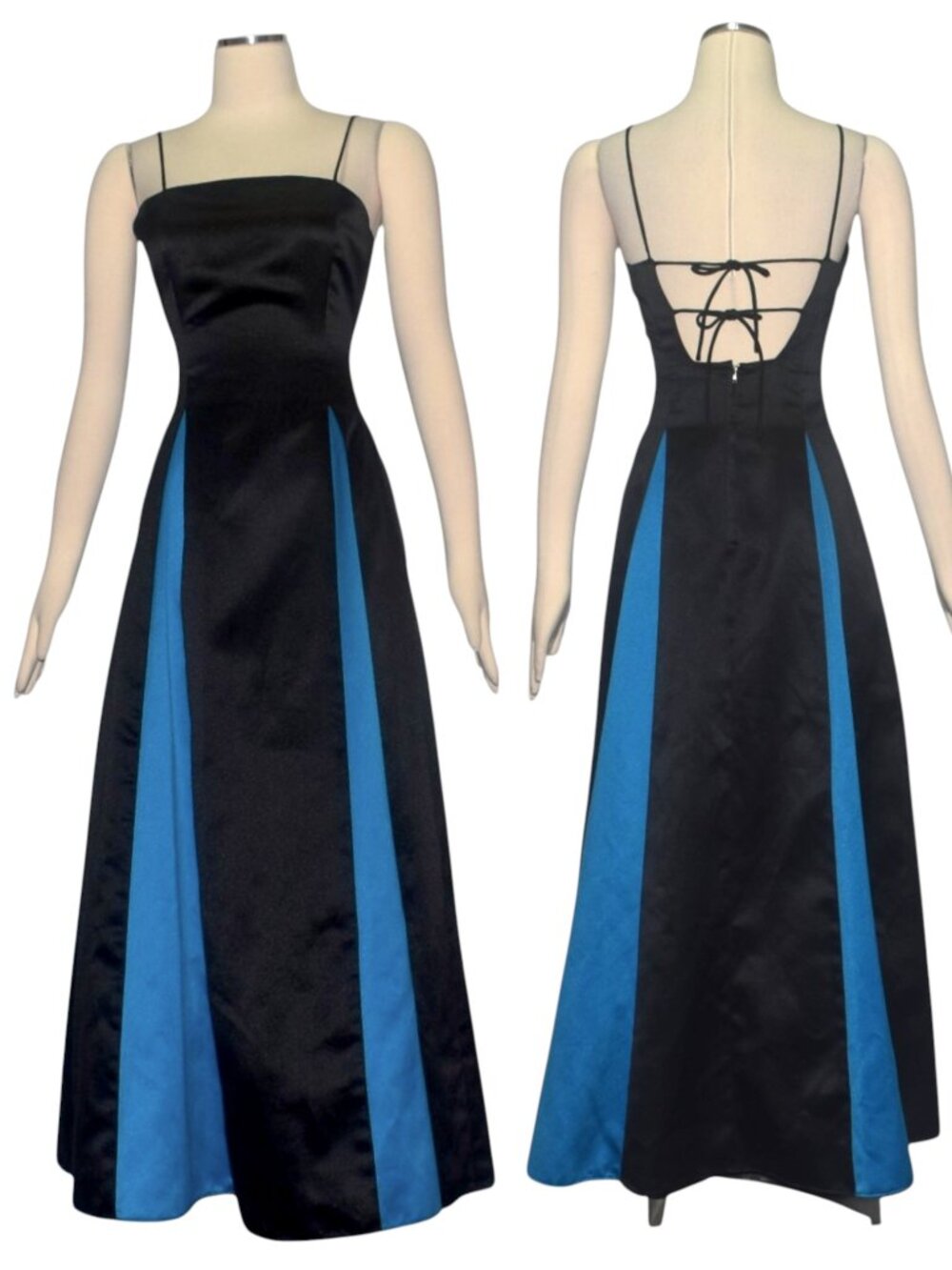 Vintage 90s Windsor Black Blue Satin Prom Gown Open Tie Back Maxi Dress Sz 6